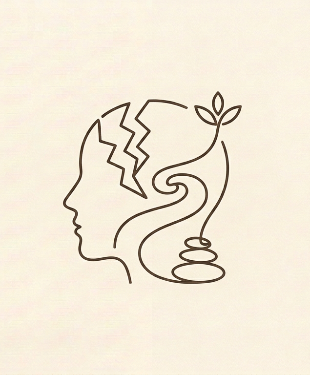 Line drawing of a profile, broken heart, sprouting plant, and balanced stones