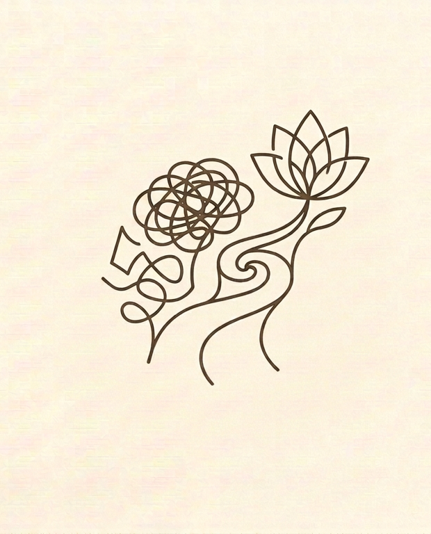 Line drawing of a human profile with tangled thoughts and a growing tree